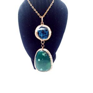 Blue and green agate crystal Necklace copper plated electroformed electroplated
